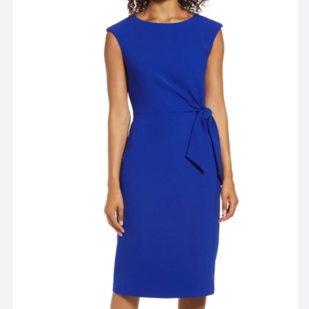 Tahari ASL Women Cobalt Blue Side Tide Crepe Sheath Cap sleeve Dress Size 14